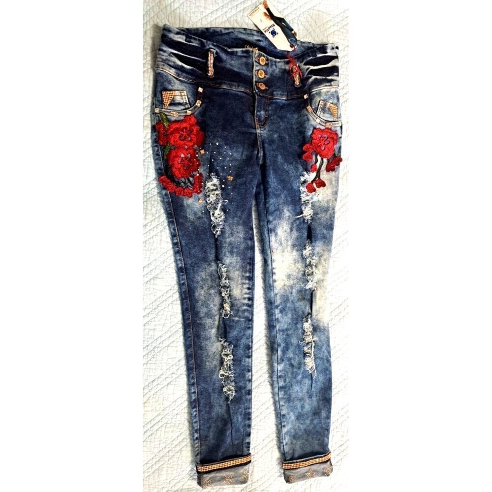 Giobell Jeans Juniors 7/9 Distressed Embroidered Embellished Jeans 28" Inseam